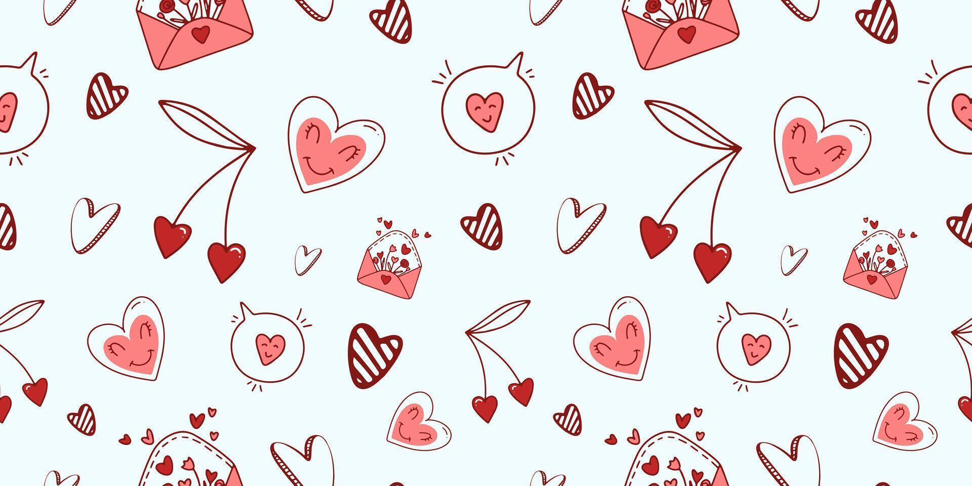 Seamless pattern for Valentine's Day with love elements on a white background. Vector heart doodle theme set, romance for cards, banners, flyers, invitation, blog, wrapping paper, prints.