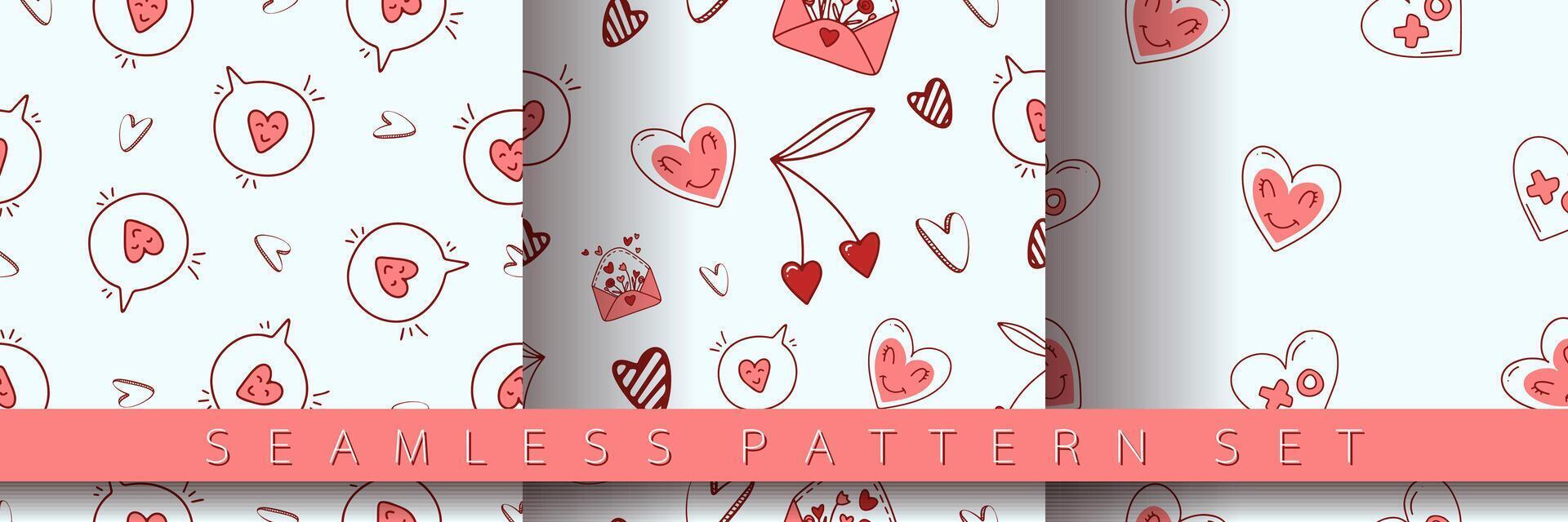 Set of seamless pattern for Valentine's Day with heart and love elements on a white background. Vector doodle theme set, romance for cards, banners, flyers, invitation, blog, wrapping paper, prints.