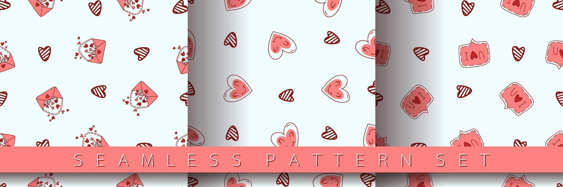 Set of seamless pattern for Valentine's Day with heart and love elements on a white background. Vector doodle theme set, romance for cards, banners, flyers, invitation, blog, wrapping paper, prints.