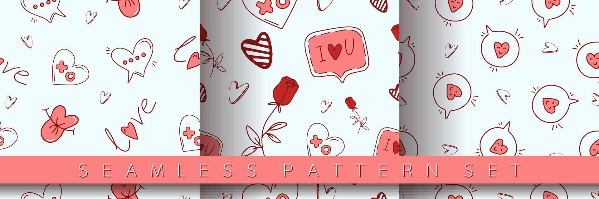 Set of seamless pattern for Valentine's Day with heart and love elements on a white background. Vector doodle theme set, romance for cards, banners, flyers, invitation, blog, wrapping paper, prints.