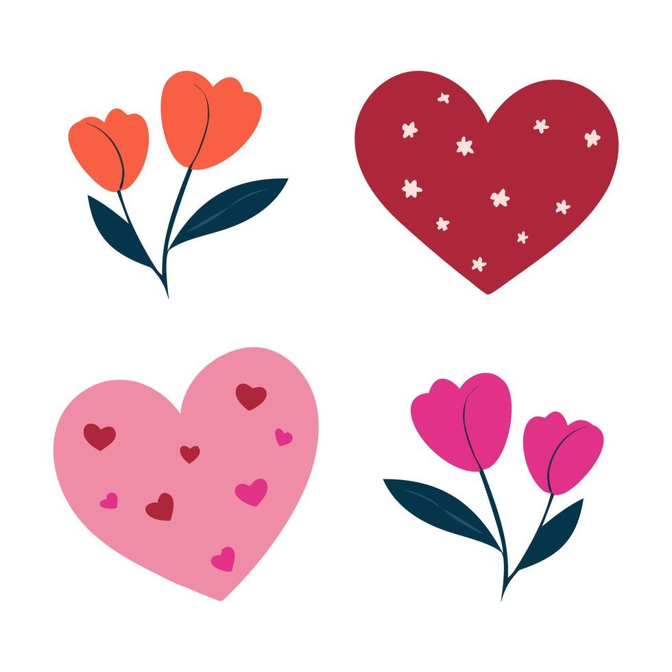 Set of hearts and flowers. Vector illustration in a flat style.