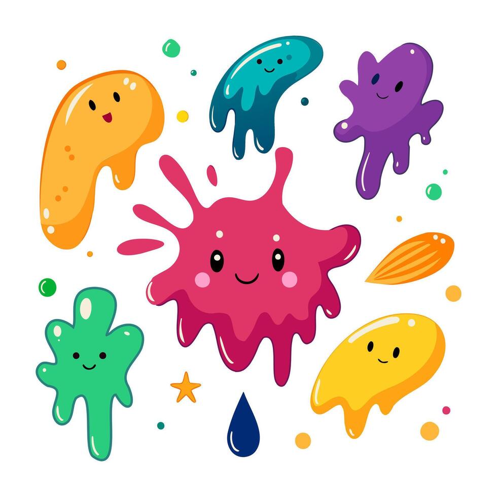 Set of cute funny cartoon paint splashes characters. Vector illustration isolated on white background.