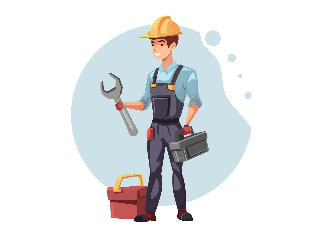 Male engineer in uniform with wrench, tools in box of service worker, business repair, maintenance system, vector illustration