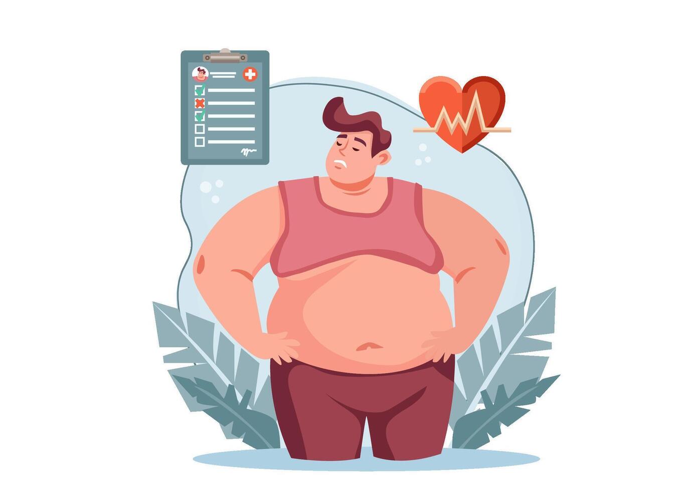 Fat man has heart complications. high blood pressure You have to take care of your body. Vector illustration