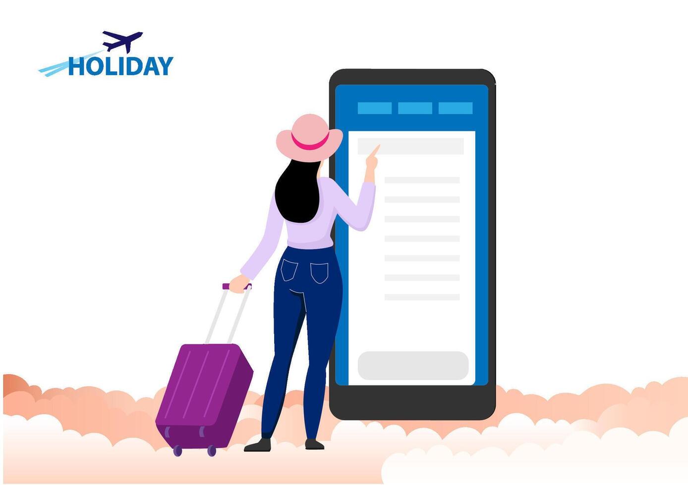 Concept of booking online airline tickets on mobile phone. It's time to travel. Vector illustration