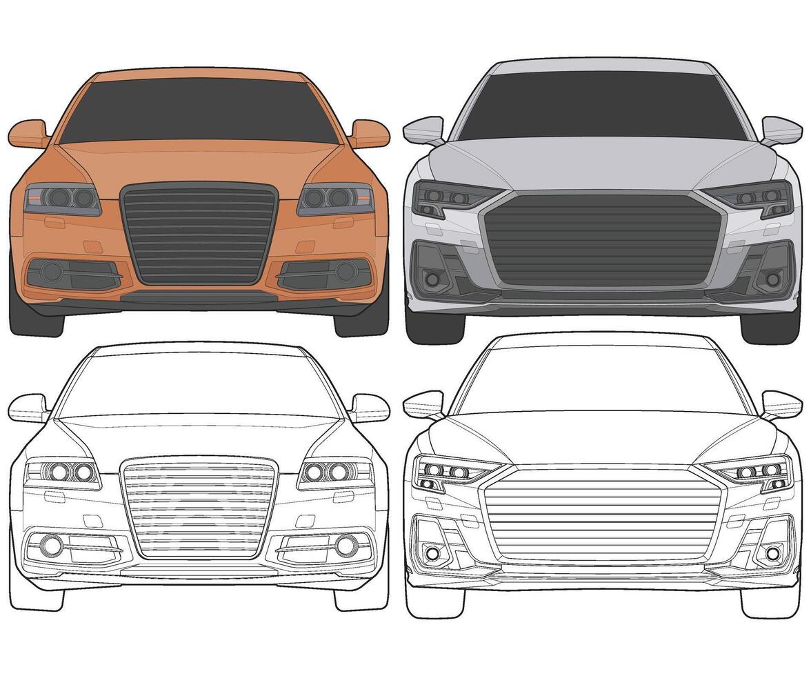 Set of front view Vector Illustration of Isolated highlight  color car on white background, Vehicle in a Flat Cartoon Style.