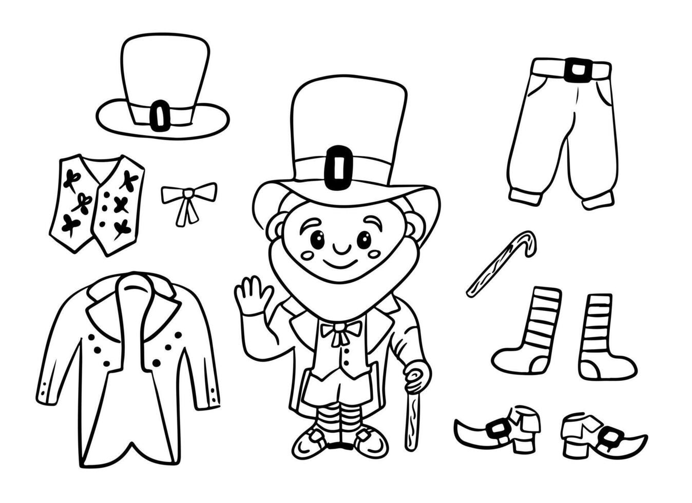 Doodle outline set of leprechaun and his clothes. Sketch hand drawn design for coloring pages, stickers. Black pants, socks, hat, tailcoat and shoes of Irish traditional character on white background vector