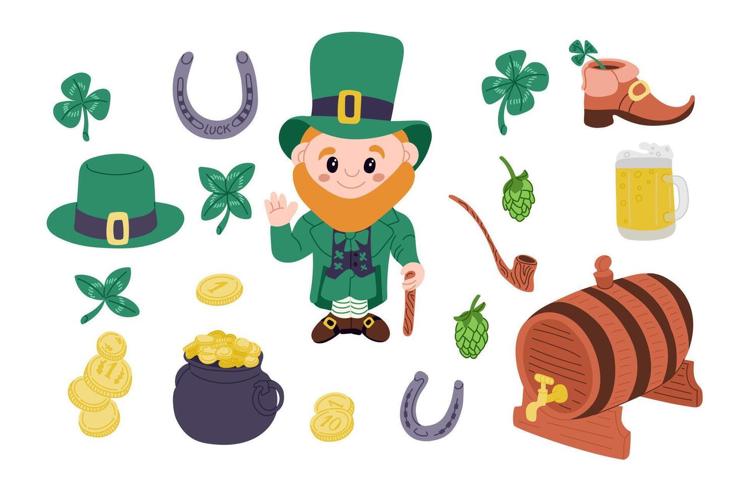 Doodle colored set of St Patricks traditional items. Irish celebration concept. Cute leprechaun in green clothes, coins and cauldron, beer mug and barrel. Isolated elements on white background. vector