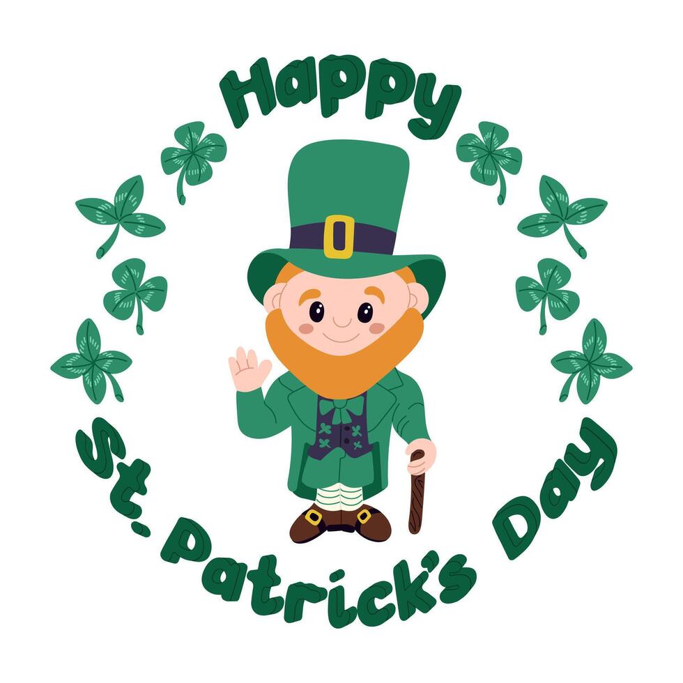 Happy St Patricks Day typographic composition. Flat volume words in round shape with traditional Irish character. Leprechaun in green clothes. Isolated vector illustration on white background