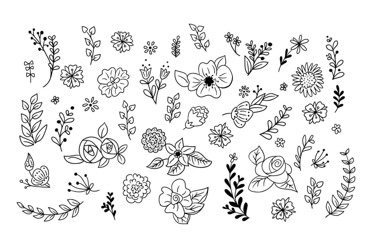 Contour hand drawn doodle set of spring flowers and branches. Sketchy black contour leaves and flowers on white background. Ideal for coloring pages, tattoo, pattern vector