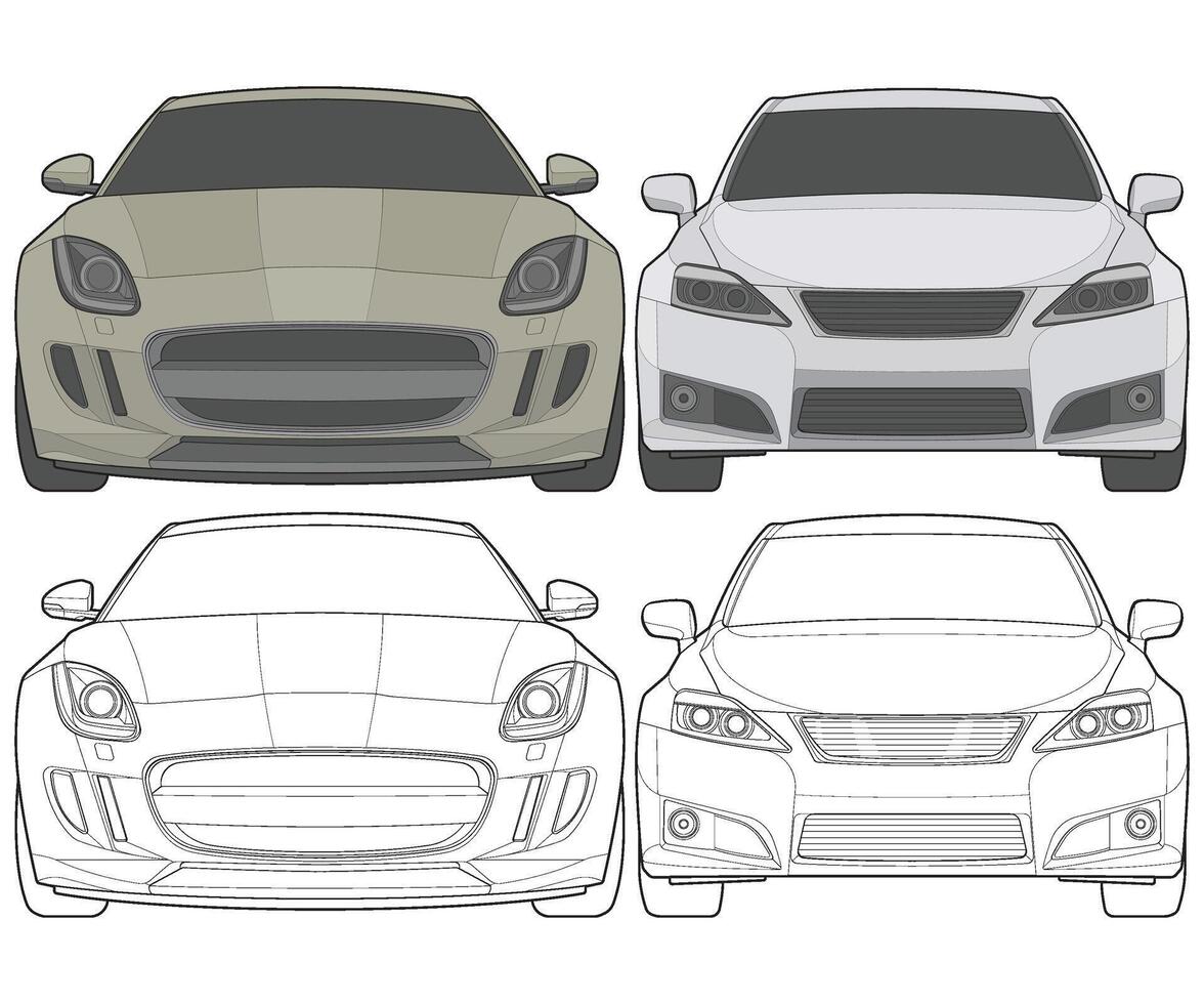 Set of front view Vector Illustration of Isolated highlight  color car on white background, Vehicle in a Flat Cartoon Style.