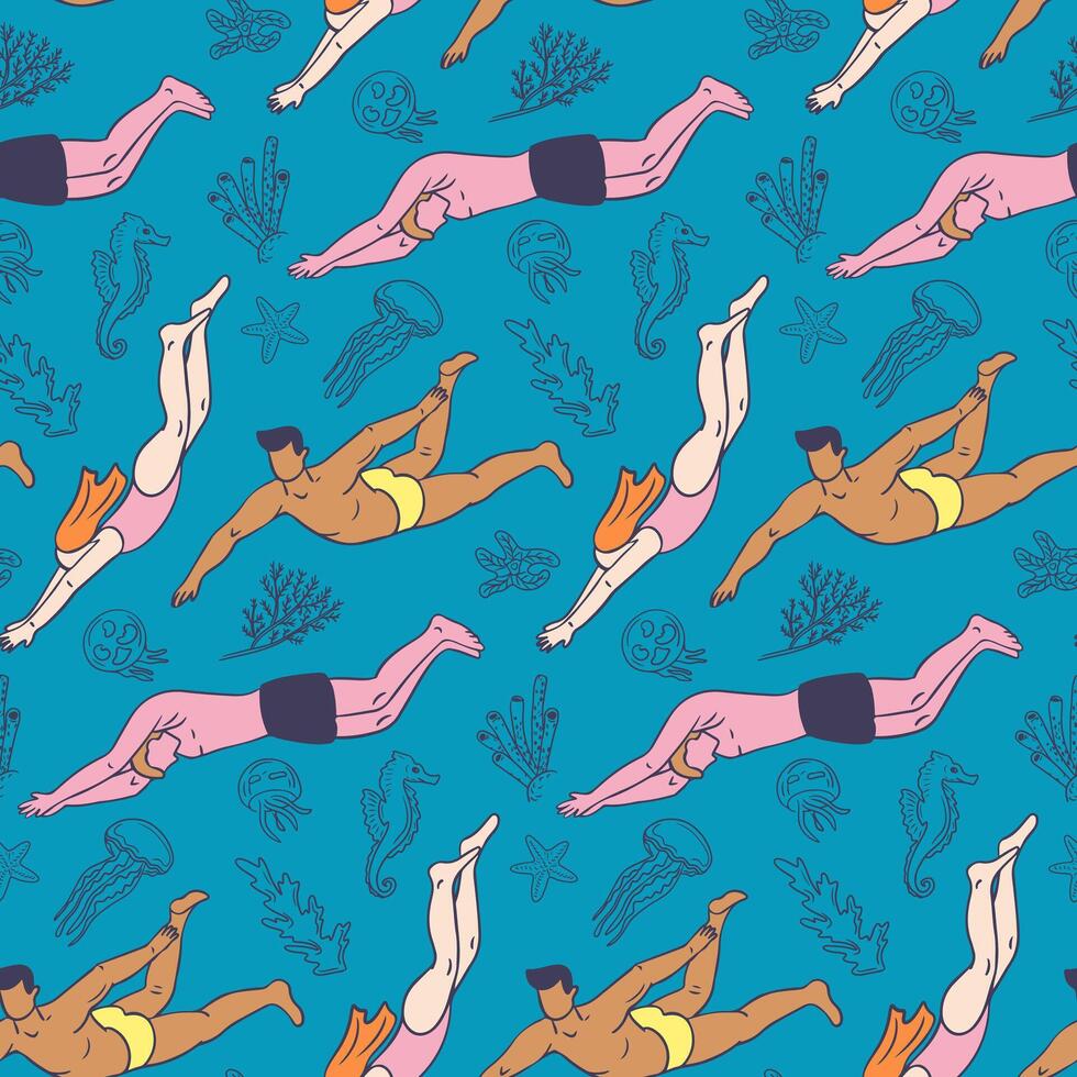 Pattern with human bodies diving in sea water. Active lifestyle concept. Flat hand drawn male and female silhouettes with sea creatures. Trendy print design for textile, wallpaper, wrapping vector