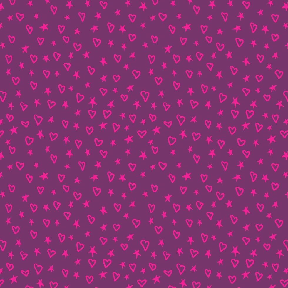 Neon colored 90s style textured seamless pattern. Hand drawn ink hearts and stars on purple background. Trendy abstract concept. Good for social media graphics, background vector