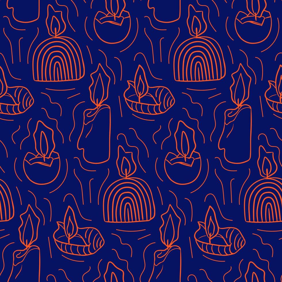 Seamless outline pattern with burning candles. Relaxing concept. Doodle contour hand drawn elements on dark blue background. Unique print design for textile, wallpaper, wrapping, background vector