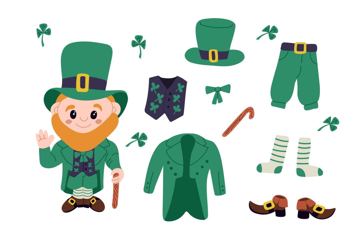 Doodle colored set of leprechaun and his clothes. Bright green pants, socks, hat, tailcoat and shoes of Irish traditional character on white background with clover leaves vector