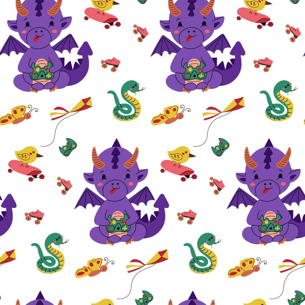 Dragon playing with joystick seamless pattern. ids fun concept. Vector kids illustration in kawaii cartoon style. Trendy print design for textile, wallpaper, wrapping, background