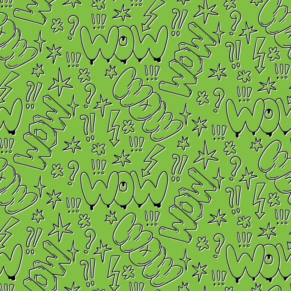 Green doodle outline words pattern in 90s style. Hand drawn words in bubble, street style graffiti style. Perfect for modern textile, banner, wrapping paper vector