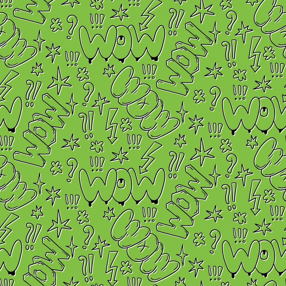 Green doodle outline words pattern in 90s style. Hand drawn words in bubble, street style graffiti style. Perfect for modern textile, banner, wrapping paper vector