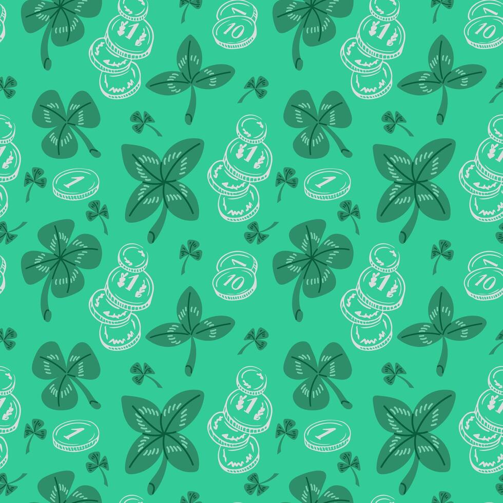 Shamrock and coins vector seamless pattern. Irish celebration concept. Flat Irish leaves and outline coins on green background. Unique print design for textile, wallpaper, wrapping, background