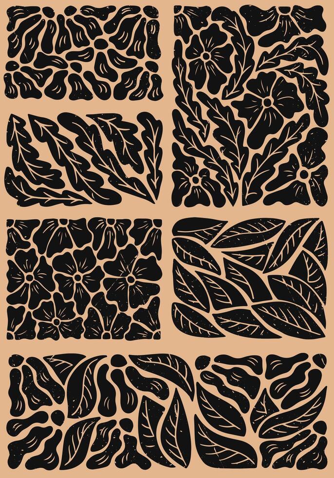 Abstract floral grunge graphic vertical poster. Duotone flat botanical composition in printmaking technique with grunge texture and scratches. Ideal for home decoration, posters, t shirt print vector