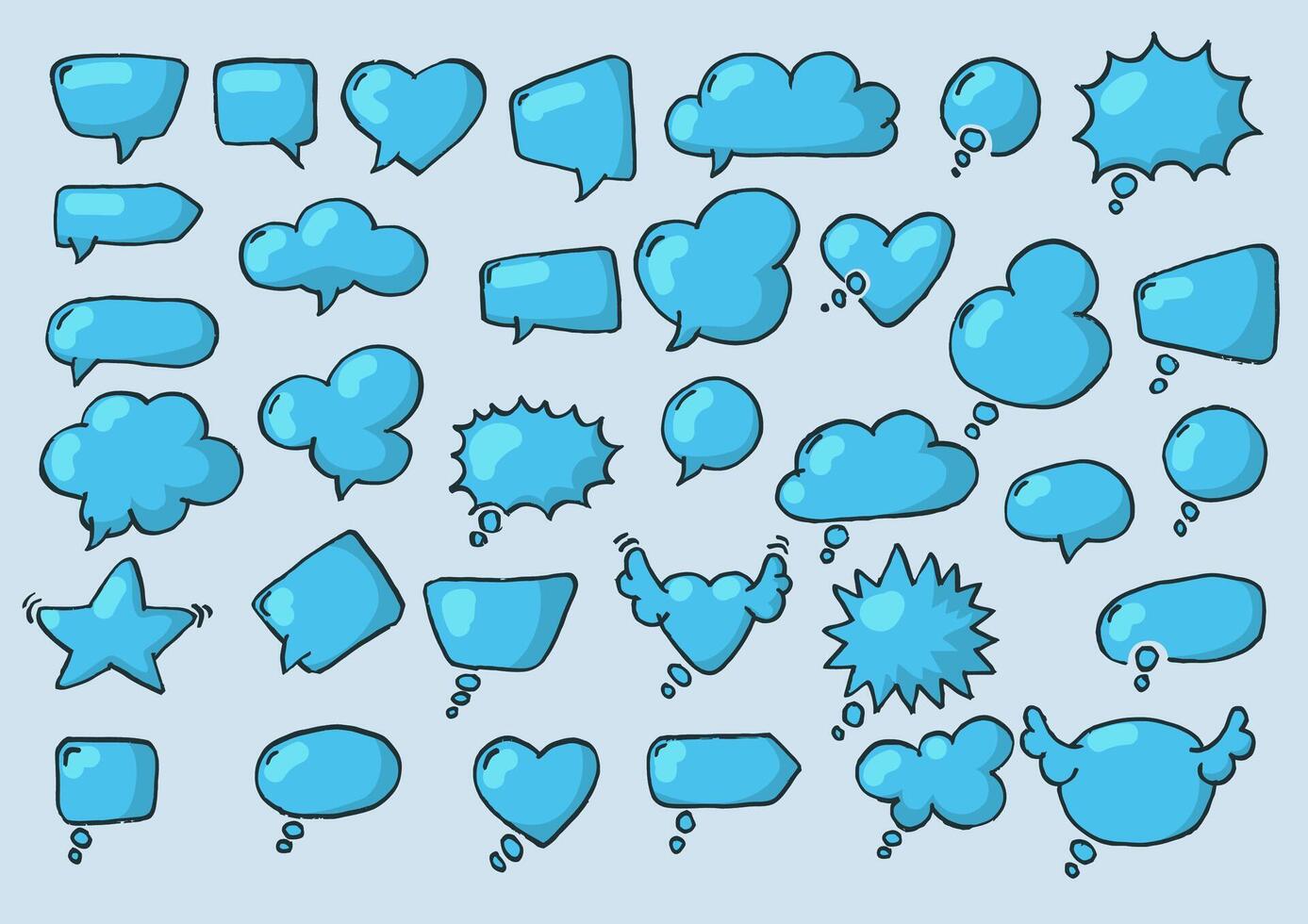 Artistic Collection of Hand Drawn Doodle Style Comic Balloon, Cloud, Heart Shaped Design Elements. Isolated and Real Pen Sketch, Vector Illustration