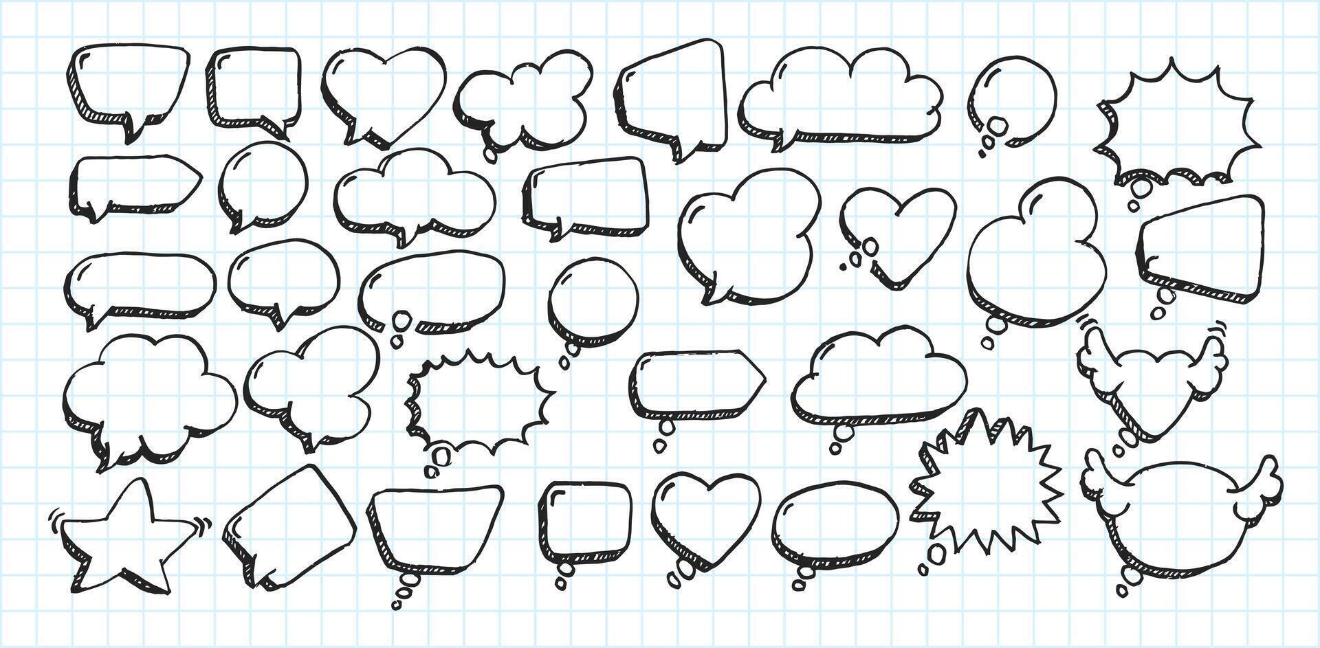 Artistic Collection of Hand Drawn Doodle Style Comic Balloon, Cloud, Heart Shaped Design Elements. Isolated and Real Pen Sketch, Vector Illustration