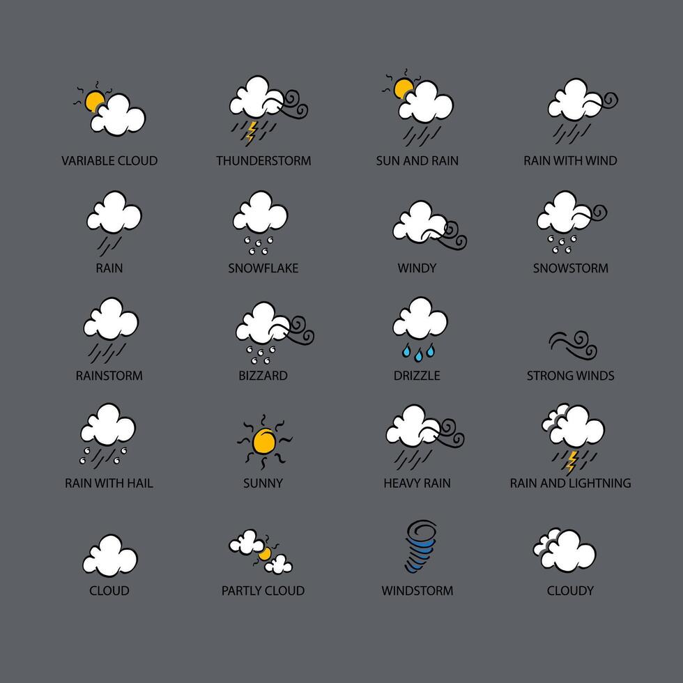 Weather Doodle Icon Set, Real Pen Sketch Suitable For For Web, Mobile and Infographics, Vector Illustration