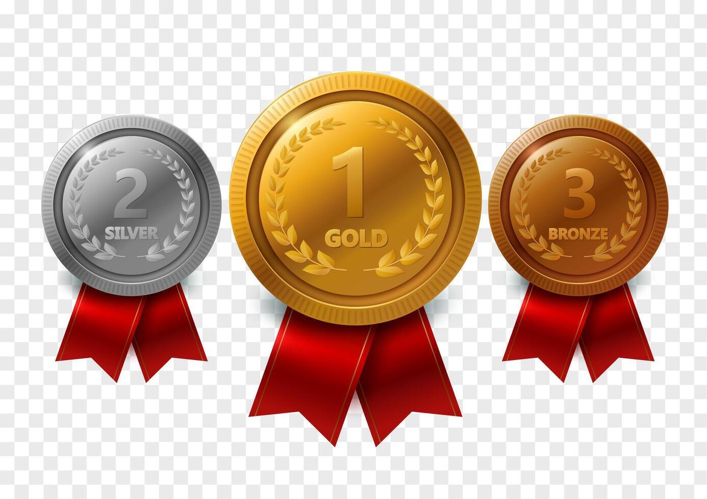 Champion Gold, Silver and Bronze award Medals with Red Ribbons Set, on Bright Background, Vector Illustration