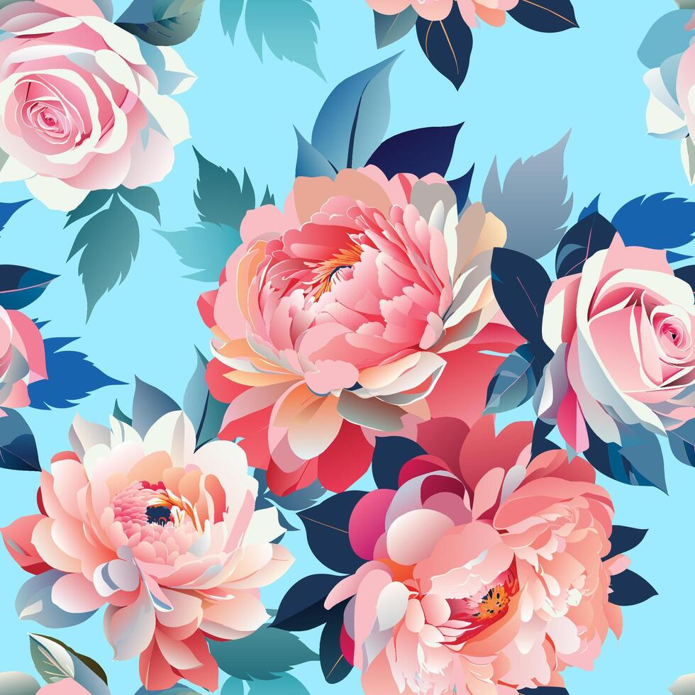 Roses and peonies with leaves seamless reversible pattern.Hand drawn vector flower abstract background. Fabric clothes vintage decorative print.