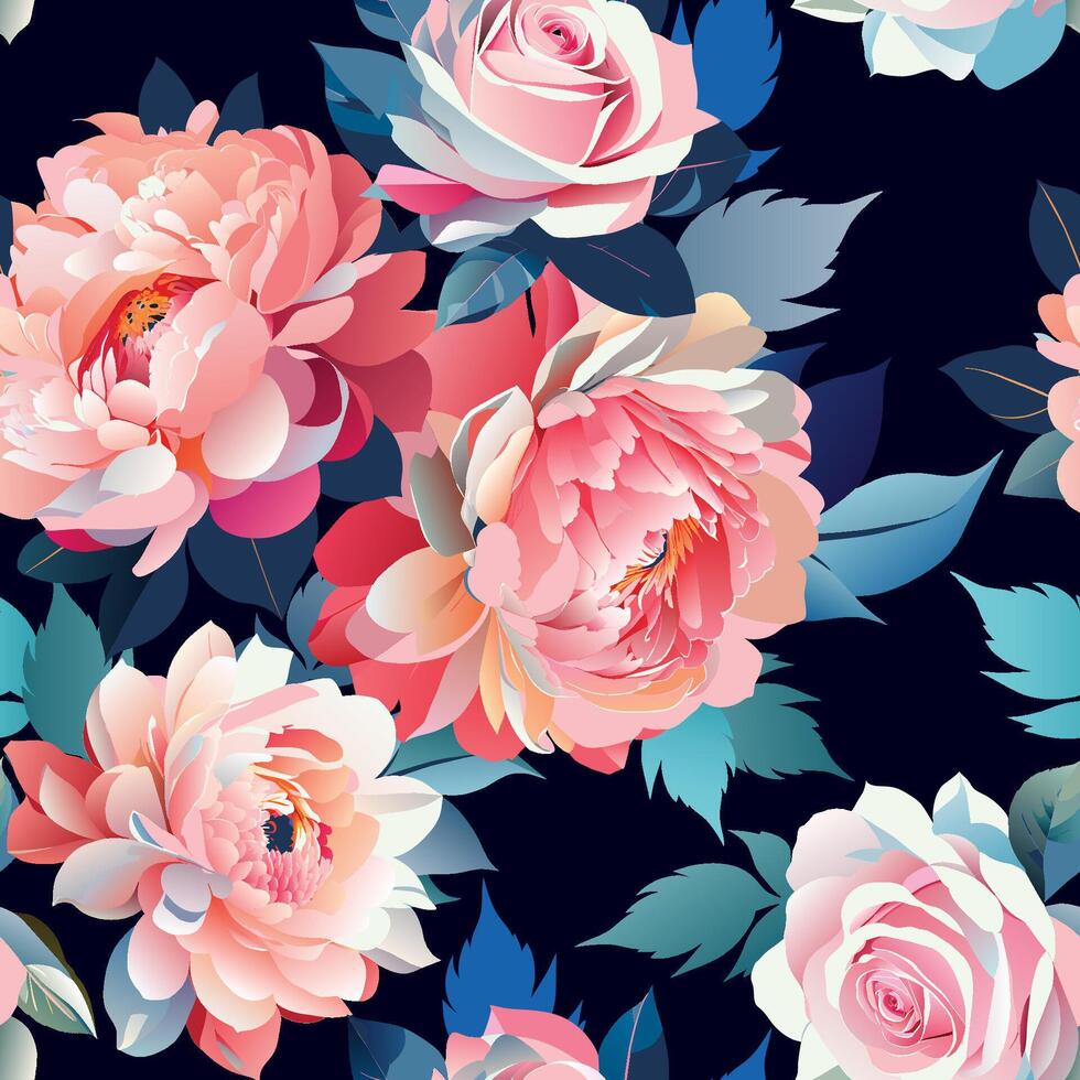 Roses and peonies with leaves seamless reversible pattern.Hand drawn vector flower abstract background. Fabric clothes vintage decorative print.