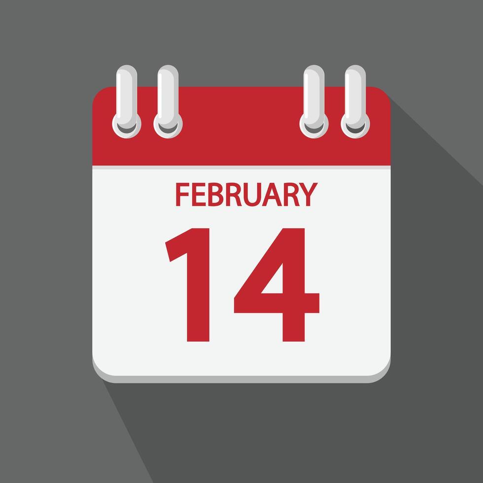 February 14. Calendar icon. Vector illustration, flat style. Valentine day date. Weekend, red letter day. Holiday in february.