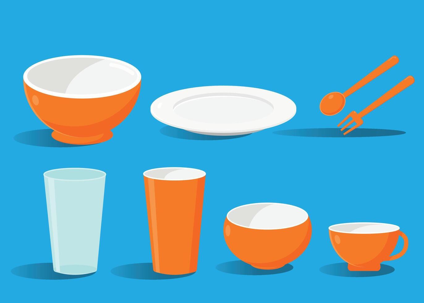 Empty plate, bowl, glass, and spoon fork in orange in cartoon ceramic style isolated on blue background vector illustration.