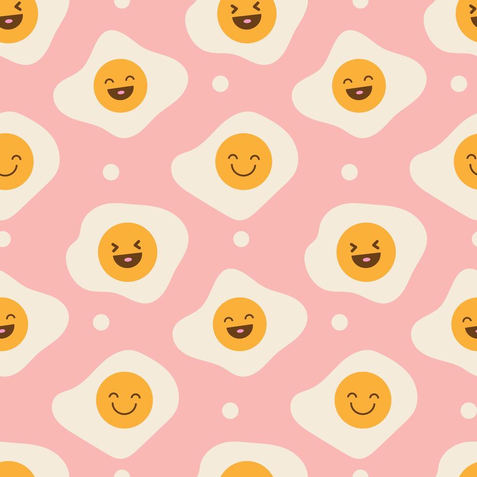 Fried eggs with smile emoticon and dots seamless pattern. Funny vector shapes on pink background. Backdrop with cartoon color icons for design and animations.