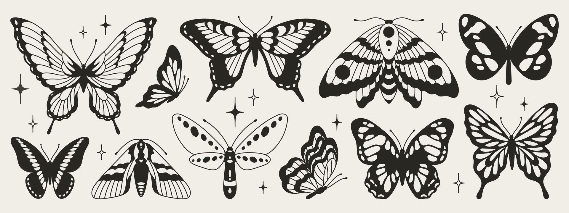 Butterfly seventh set of black and white wings in the style of wavy lines and organic shapes. Y2k aesthetic, tattoo silhouette, hand drawn stickers. Vector graphic in trendy retro 2000s style
