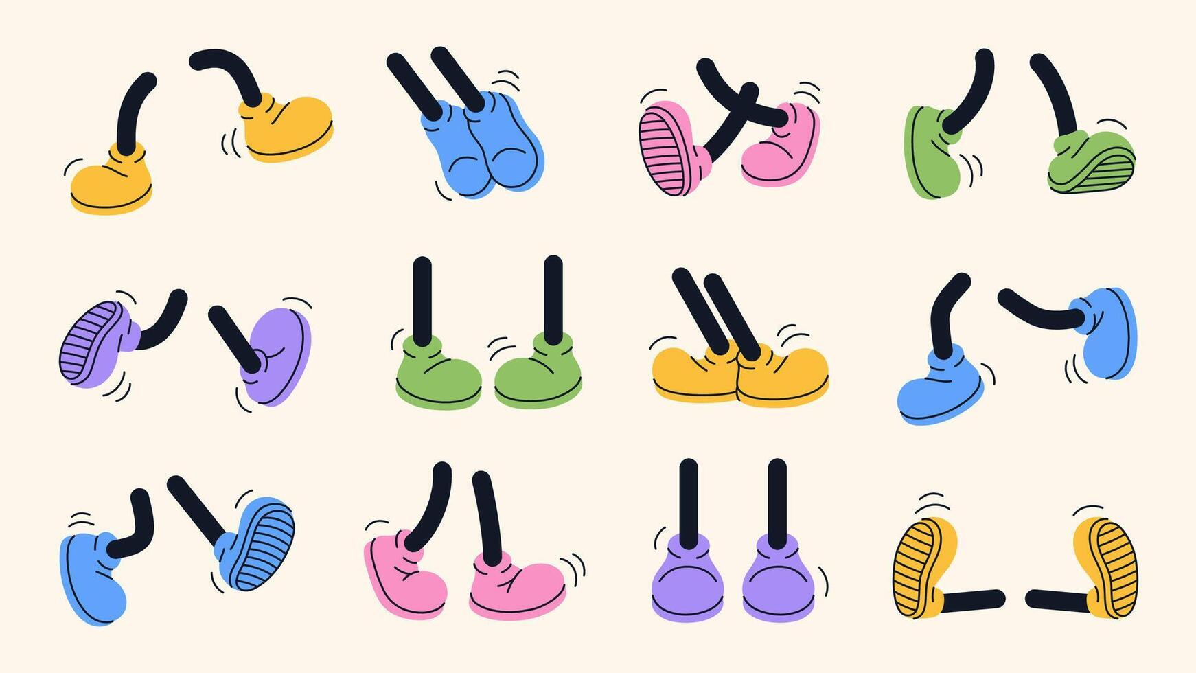 Vintage colored retro feet and boot vector collection. Comic retro feet in different poses, leg standing, walking, running, jumping. Isolated footwears set