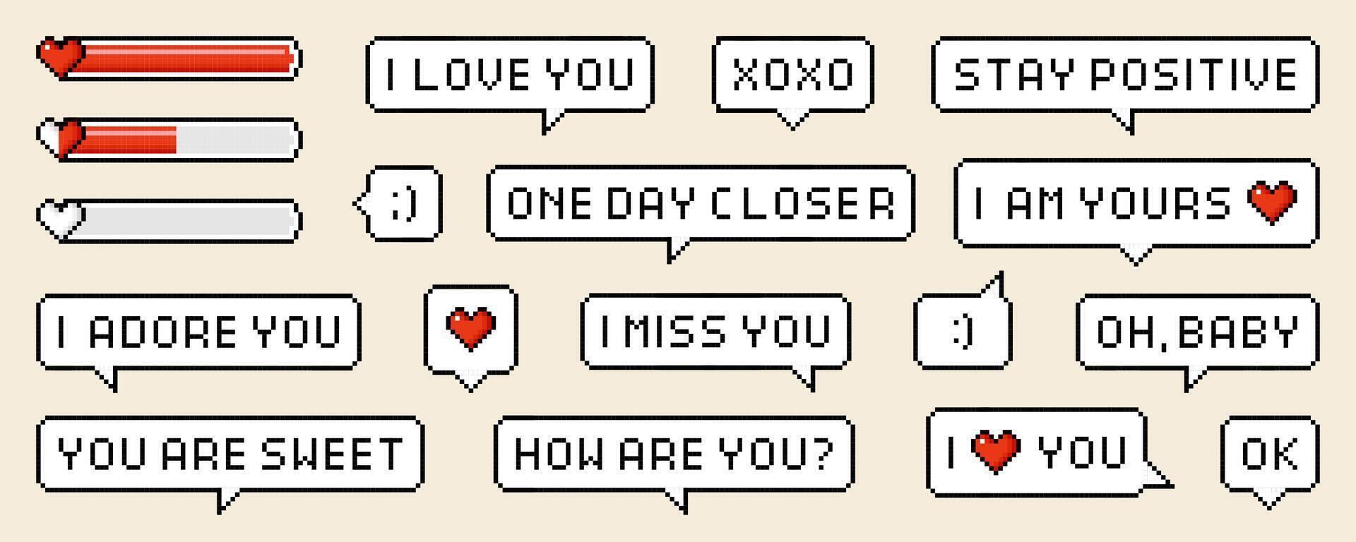 Pixel speech bubbles with worlds and phrases of love theme. Vector dialogue boxes with hearts. Chat speech or dialogue. 8-bit heart or love loading set
