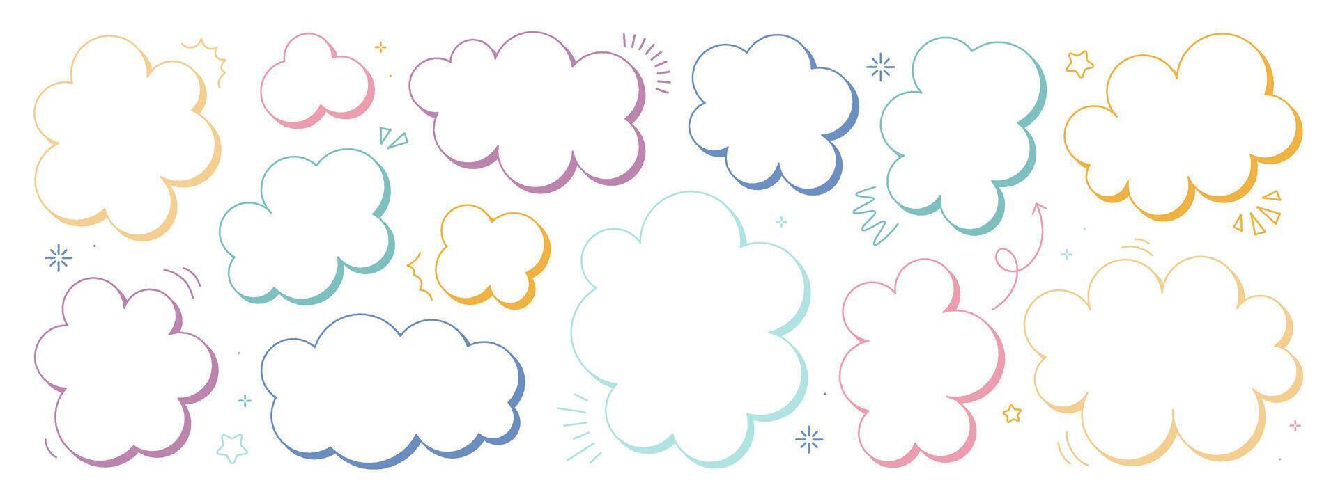 Set of hand-drawn speech bubbles. Colored vector chat speech or dialogue. There are icons such as arrows, dots, and sparkles.