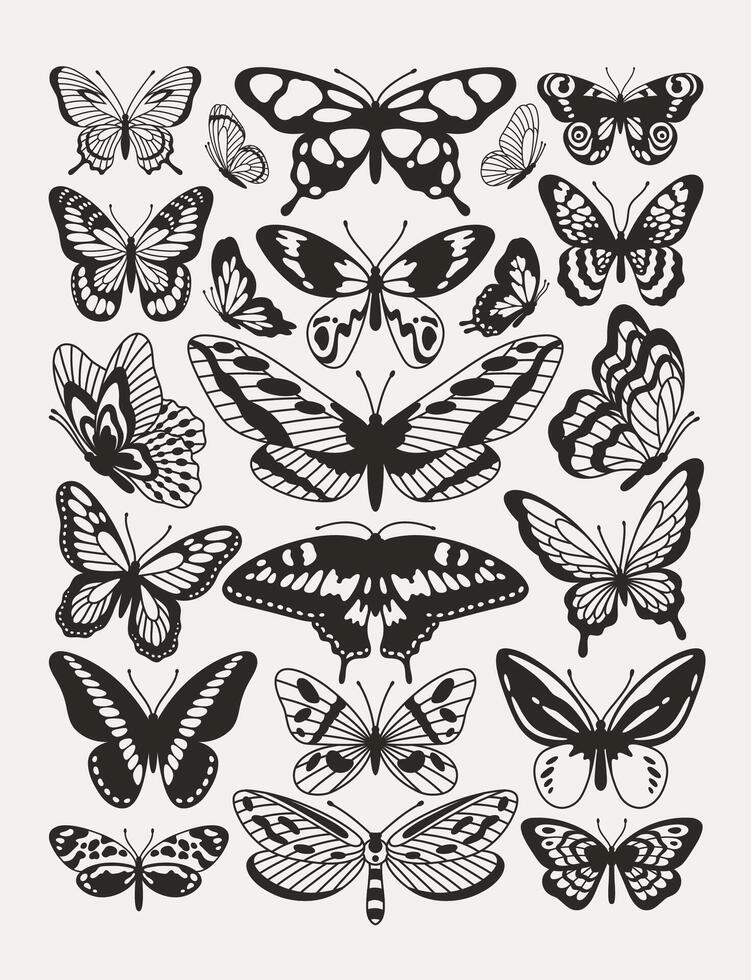 Poster of buterflies with black and white wings in the style of wavy lines and organic shapes. Y2k aesthetic, tattoo silhouette, hand drawn stickers. Vector graphic in trendy retro 2000s style