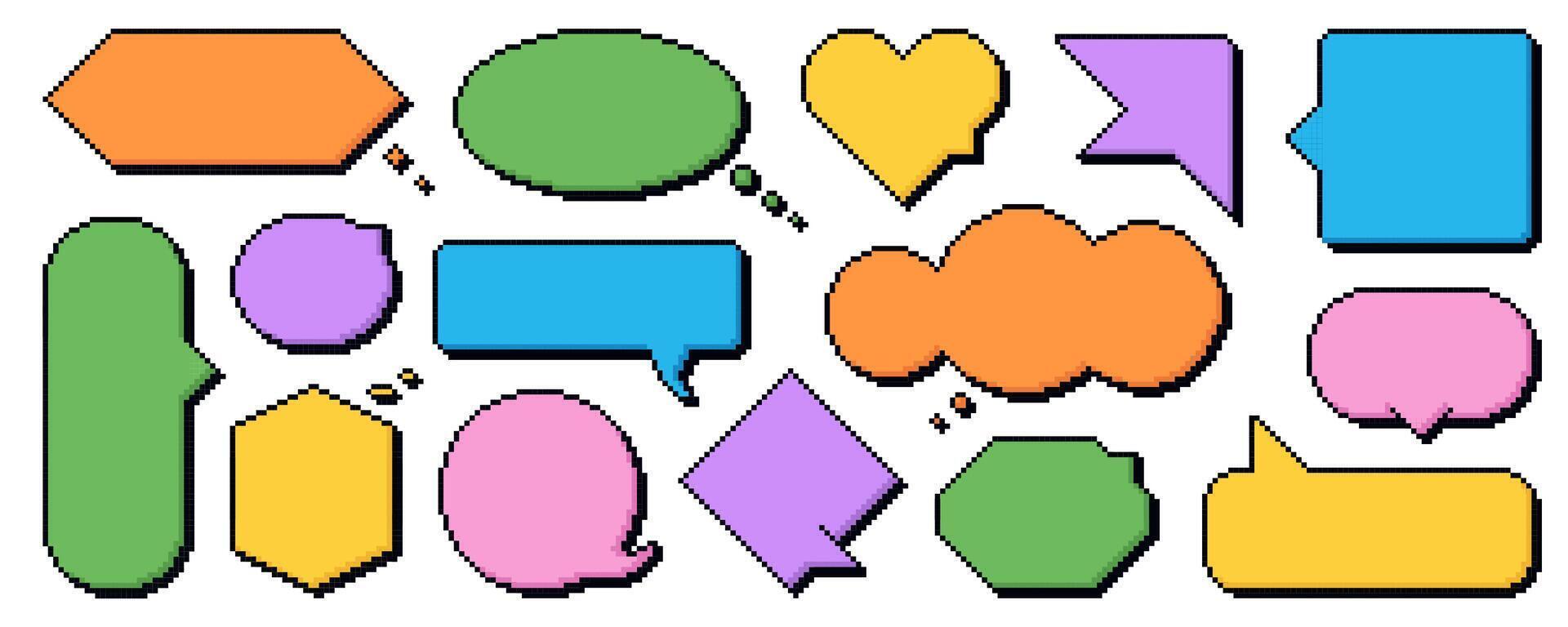 Pixel speech bubbles. Colored vector dialogue boxes. Chat speech or dialogue. Set of empty pixelated speech bubbles