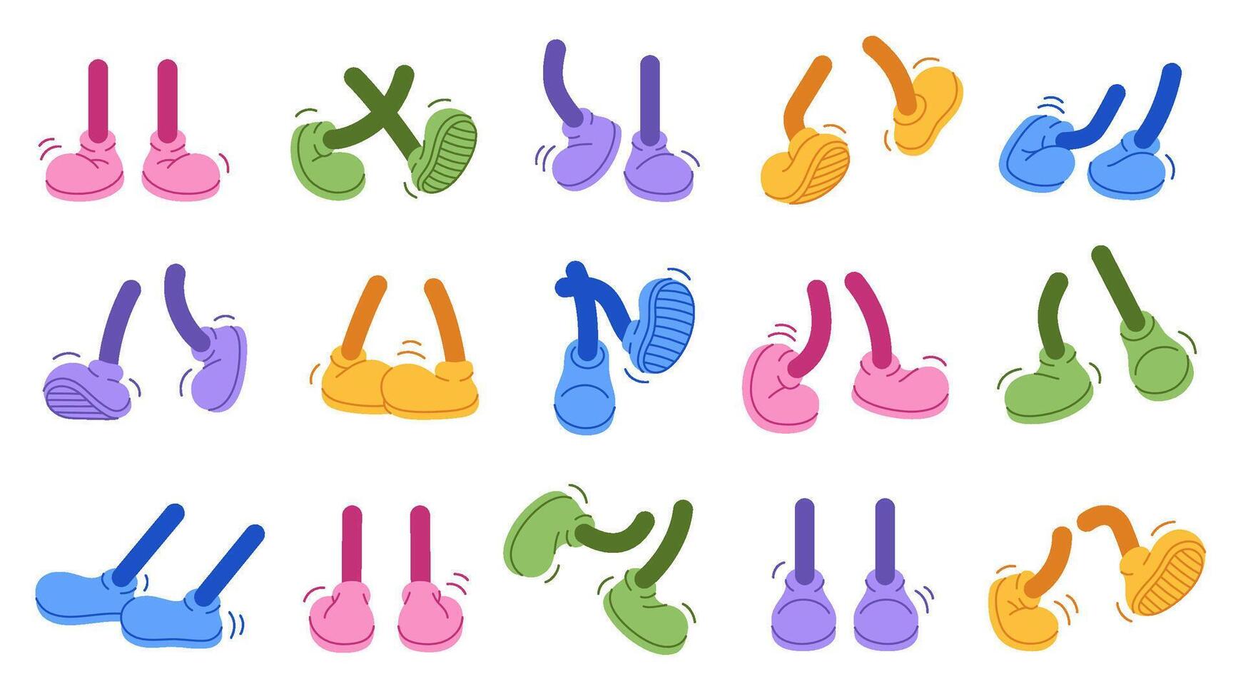 Vintage colored retro feet and boot vector collection. Comic retro feet in different poses, leg standing, walking, running, jumping. Isolated footwears set