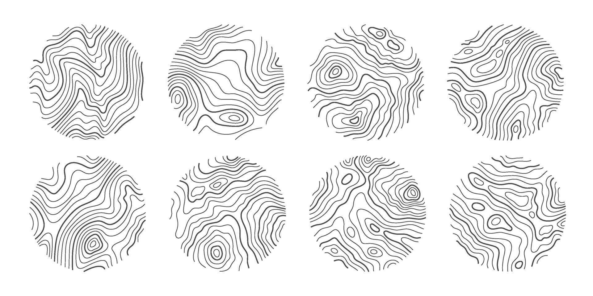 Set rings of topographic line map. Wood rings, vector line circle of outdoor concept. Outline pattern for outdoor logo templates. Contours of tree, concepts for expedition logotype