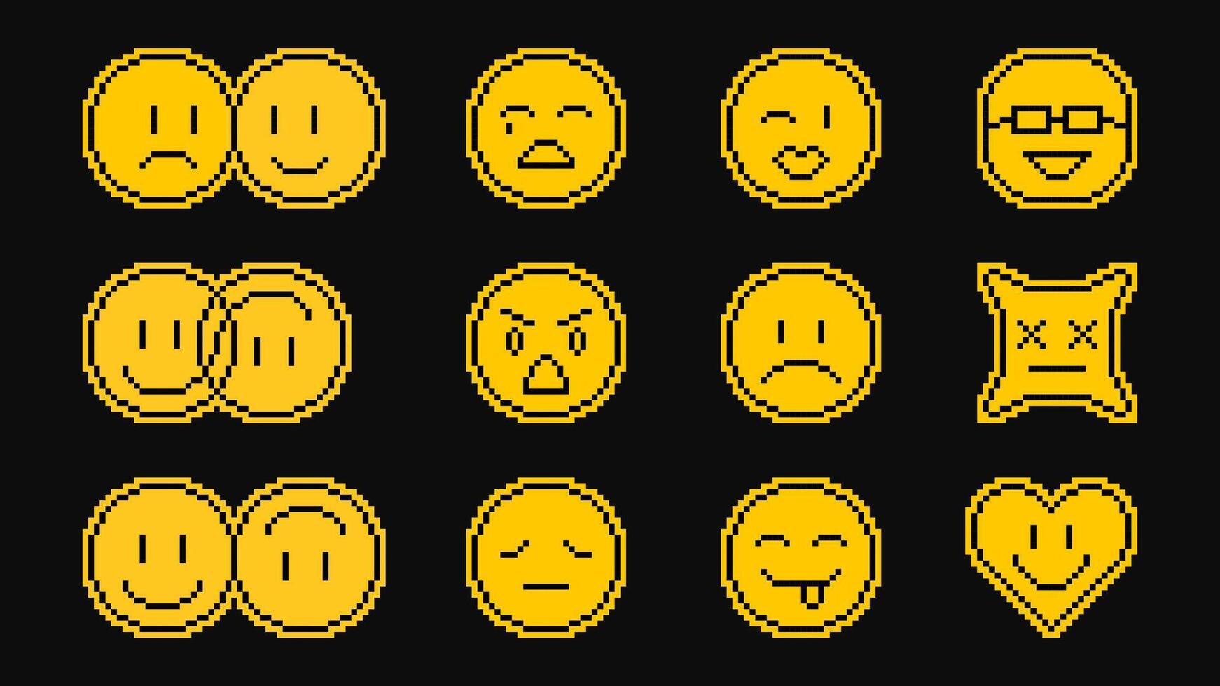 Pixel emoji smile pack. Various pixel art smiles with laugh or love emotions, combined faces, message chat emoticons and expression smiles, vector stickers. 8bit acid style pixelated emoji face