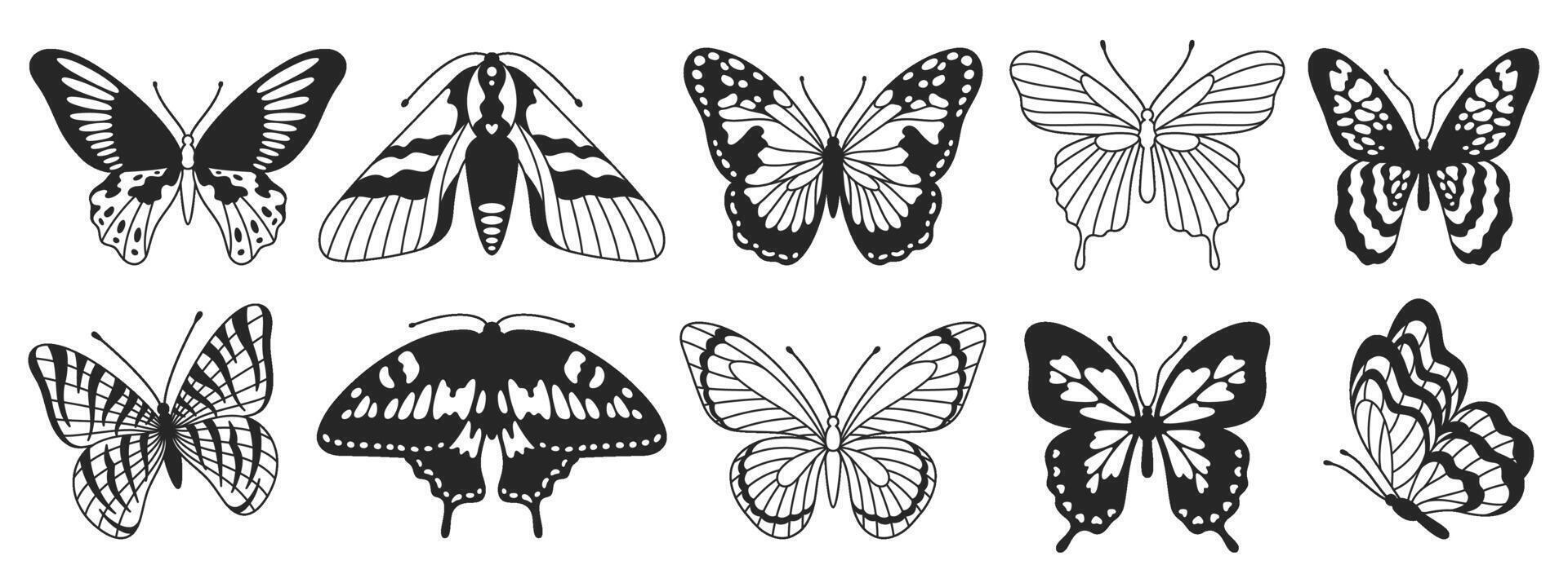 mariposa tercero conjunto de negro y blanco alas en el estilo de ondulado líneas y orgánico formas y2k estético, tatuaje silueta, mano dibujado pegatinas vector gráfico en de moda retro 2000 estilo