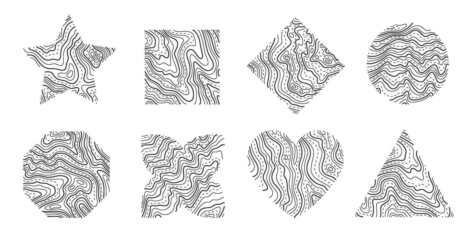 Set various figures of topographic line map. Wood rings, vector line circle of outdoor concept. Outline pattern for outdoor logo templates. Contours of tree, concepts for expedition logotype