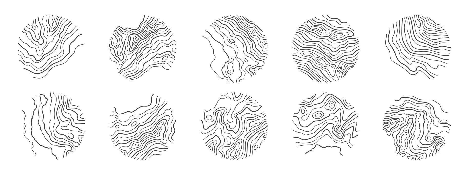 Set various rings of topographic line map. Wood rings, vector line circle of outdoor concept. Outline pattern for outdoor logo templates. Contours of tree, concepts for expedition logotype