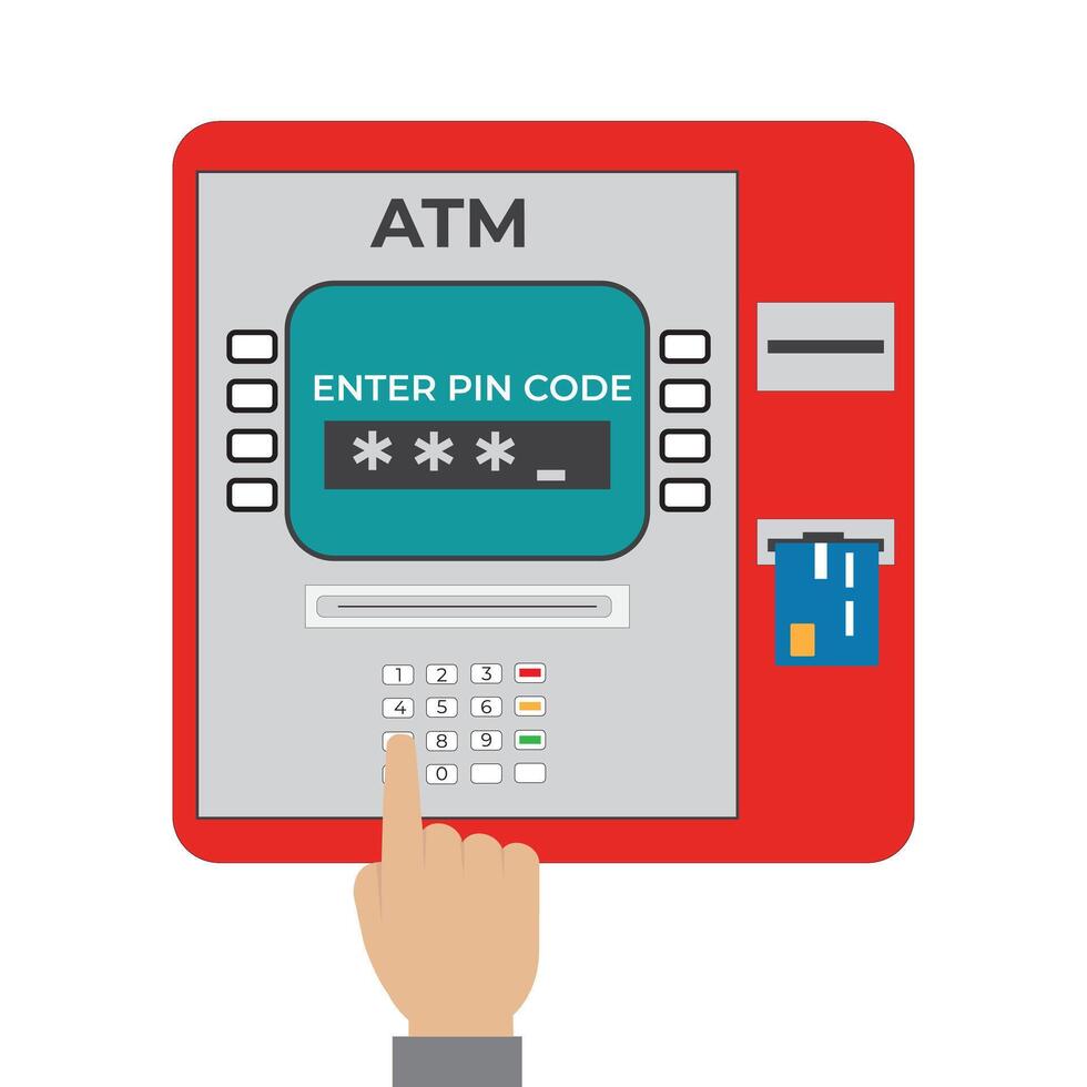 ATM payment vector illustration. ATM machine with hand and credit card. Withdrawing money from card concept. Payment using credit card.