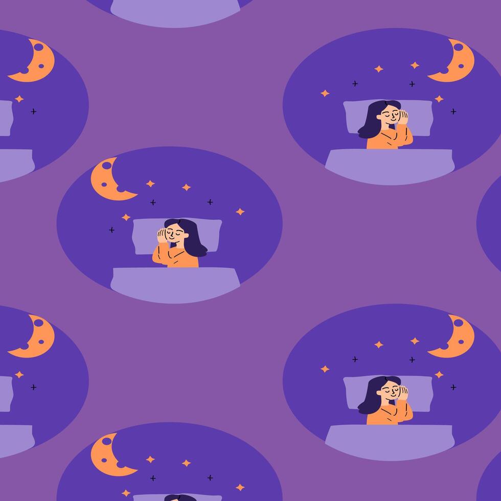 sleeping woman in bedtime seamless pattern vector
