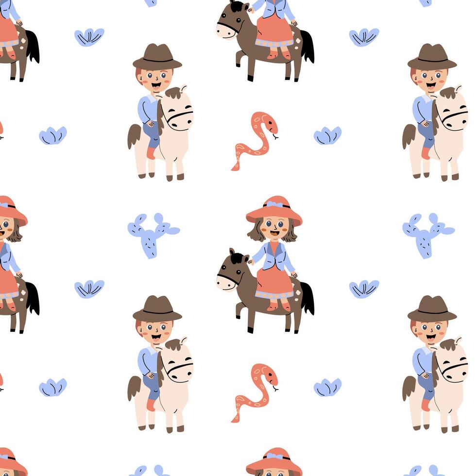 vaquero y niña sin costura antecedentes - dibujos animados caracteres niños. vector ilustración lata usado para vaquero fiesta, carteles, fondos de pantalla, actividad occidental modelo con chico y muchacha.