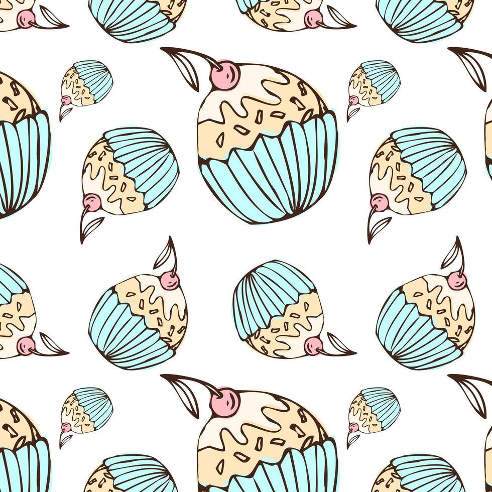 Hand drawn cupcake vintage background for bakery. Vector illustration isolated. Pattern can used for greeting card, invitation, menu background, poster, textile, wrapping paper, celebration banner