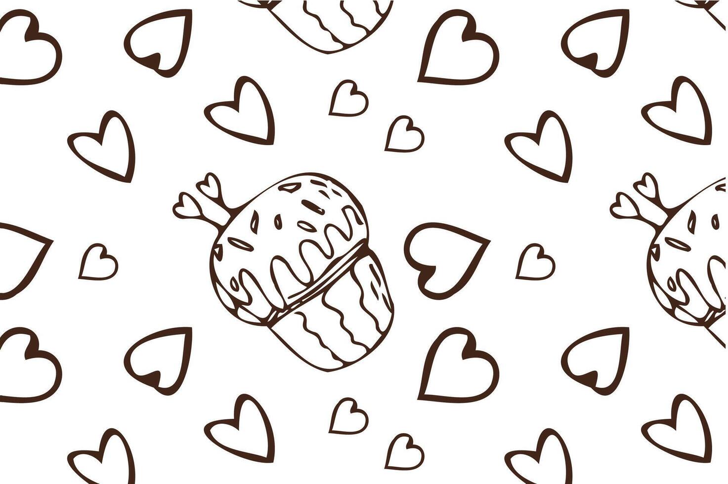 Hand drawn cupcake and heart outline background for bakery. Vector illustration isolated. Pattern can used for greeting card, invitation, menu background, poster, textile, wrapping paper, celebration banner
